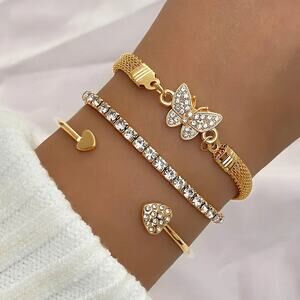 NEW 3pc Gold Bracelet Set – Adjustable Butterfly & Heart Charm Jewelry